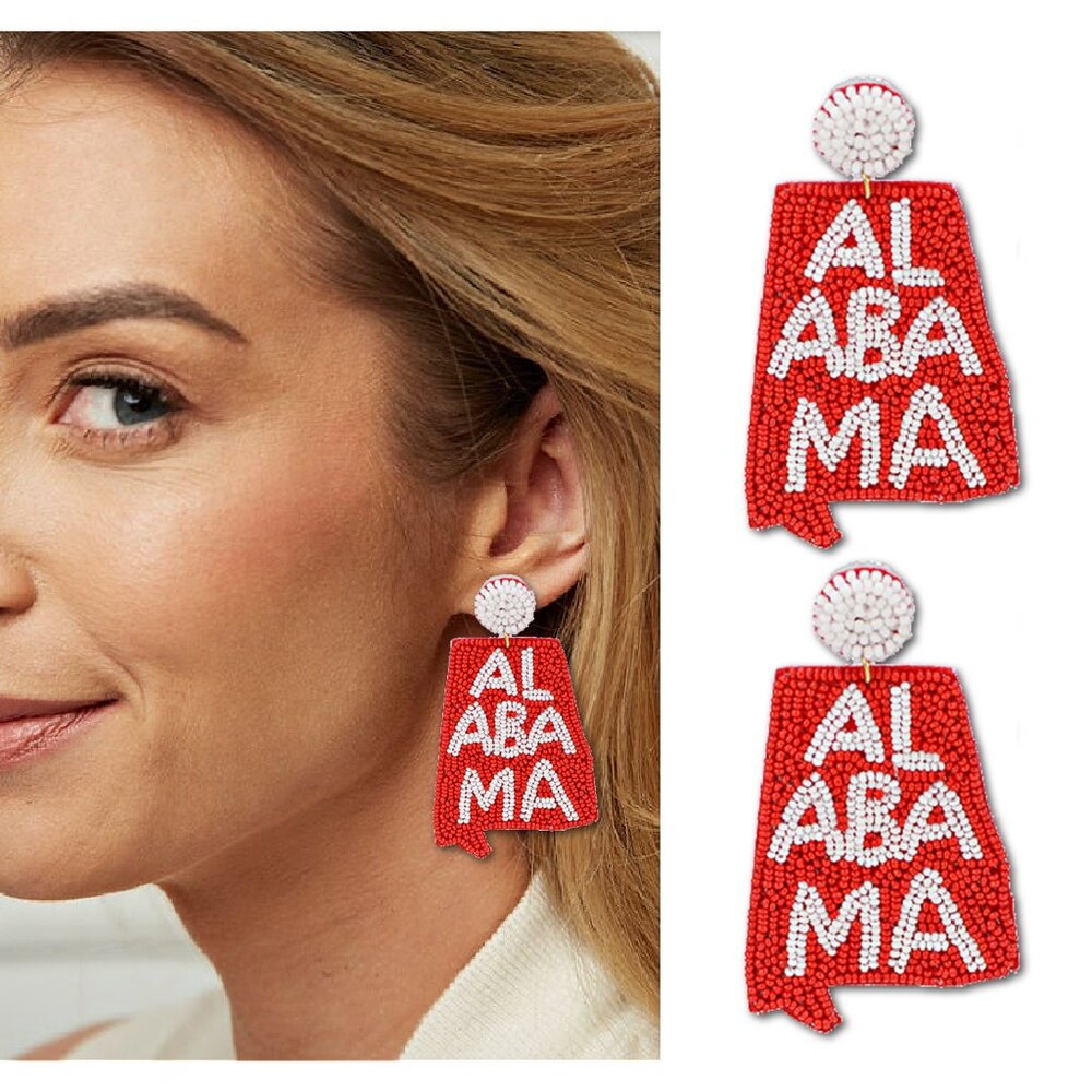 University of ALABAMA Football Fan Team Red White Colors Beaded Earrings NEW